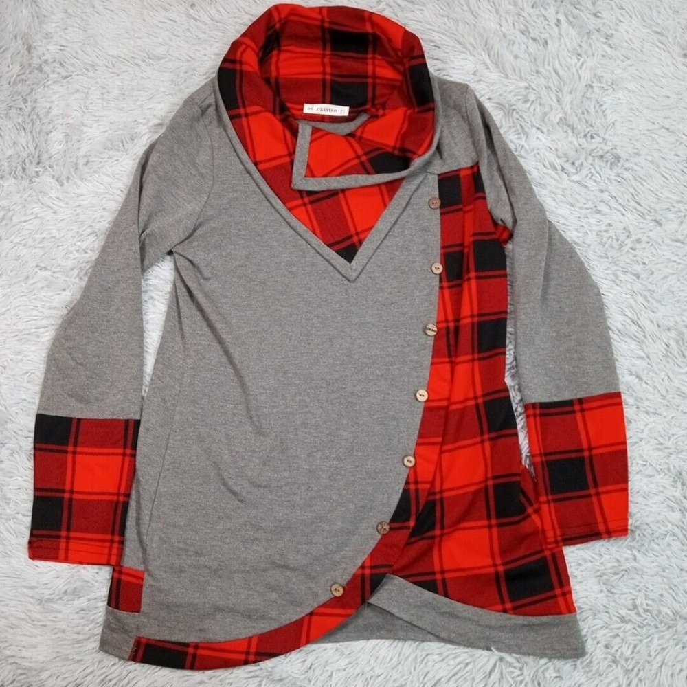 Dressfo Womens Sweater Gray 12 Pullover Cowl‎ Neck Faux Buttons Plaid